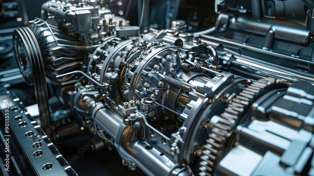 Detailed close-up of car engine and transmission system, showcasing intricate parts and components Detailed close-up of car engine and transmission system, showcasing intricate parts and components