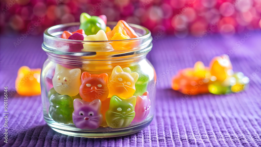 Colorful cute cat jellies shape within a clear jar on violet tablecloth background. blurred background, Colorful cute cat jellies shape within a clear jar on violet tablecloth background. blurred background,