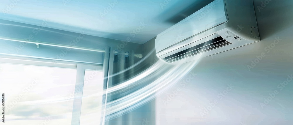 AC unit blowing cool air, evenly circulating through a room, ensuring a refreshing and comfortable atmosphere AC unit blowing cool air, evenly circulating through a room, ensuring a refreshing and comfortable atmosphere