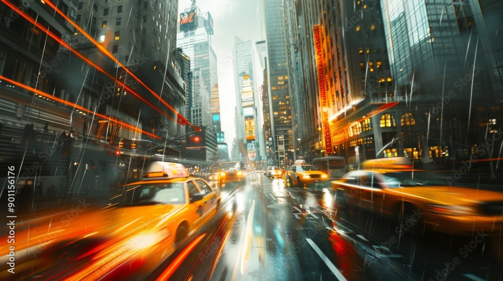 Obraz premium A dynamic cityscape with skyscrapers and traffic, highlighting the energy and movement of the urban environment.