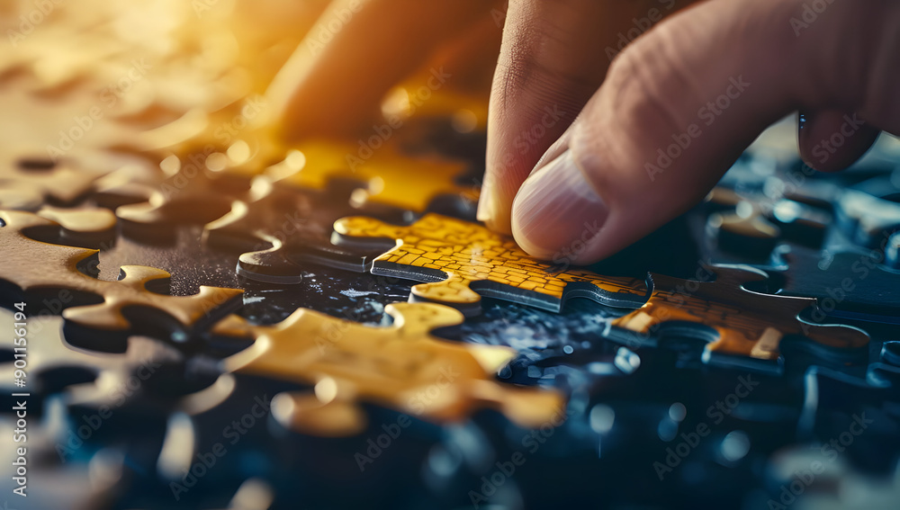 Close-up of a hand solving a jigsaw puzzle, focusing on fitting a piece with colorful details, symbolizing problem-solving and creativity. Close-up of a hand solving a jigsaw puzzle, focusing on fitting a piece with colorful details, symbolizing problem-solving and creativity.