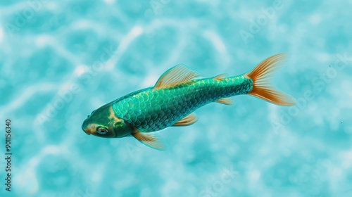 A jade colored fish swimming in clear water, representing the ease and grace of aquatic life, with the fish jade scales shimmering photo