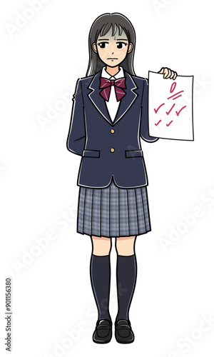 気まずい表情で0点の答案用紙を持つブレザーの女子高生