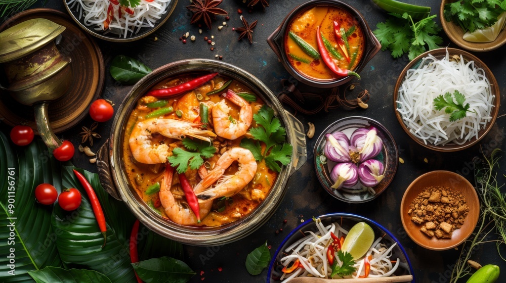 A festive Thai dinner scene with Tom Yum Goong served in traditional bowls, surrounded by Thai side dishes and decorative elements. A festive Thai dinner scene with Tom Yum Goong served in traditional bowls, surrounded by Thai side dishes and decorative elements.