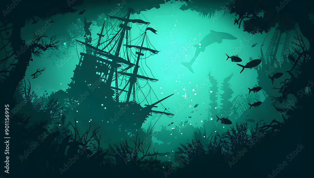 Fototapeta premium Eerie underwater scene with a shipwreck and marine life, including fish and a shark, surrounded by dark blue-green water and aquatic plants.