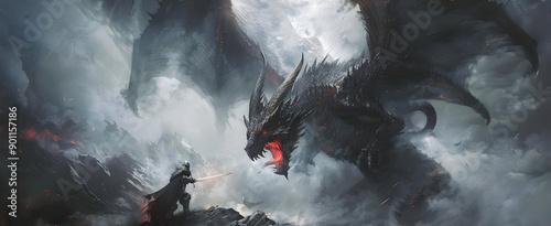Epic fantasy scene of a dragon battling a knight amidst a stormy landscape, highlighting an intense and dramatic confrontation.
