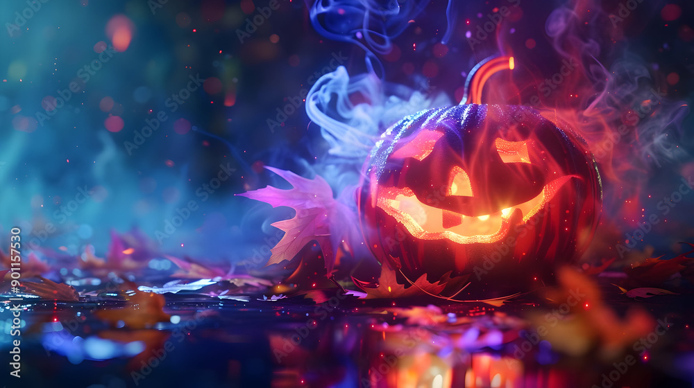 Fototapeta premium Glowing Halloween pumpkin with carved smile, set against a dark, mystical background surrounded by autumn leaves and colorful fog.