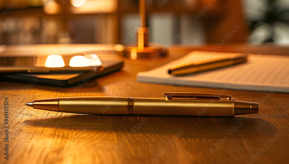 Golden pen placed on a wooden desk with a notepad and tablet in the background, illuminated by warm light in an office setting. Golden pen placed on a wooden desk with a notepad and tablet in the background, illuminated by warm light in an office setting.