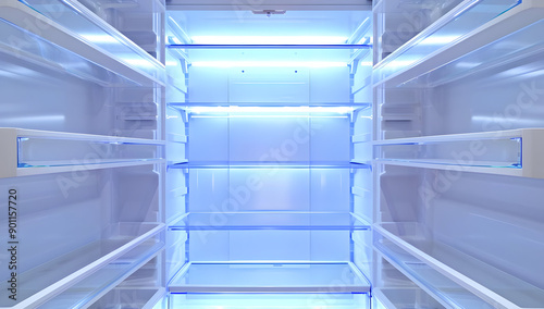 Inside view of an empty, illuminated refrigerator with transparent shelves and clean, sleek design. Perfect for food storage or organization concepts. photo