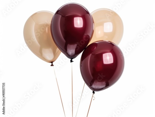 A collection of maroon and tan balloons is elegantly arranged against a bright white background, perfect for celebrations