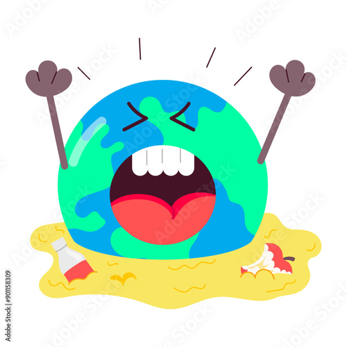 An earth drowning sticker in cartoon style 

