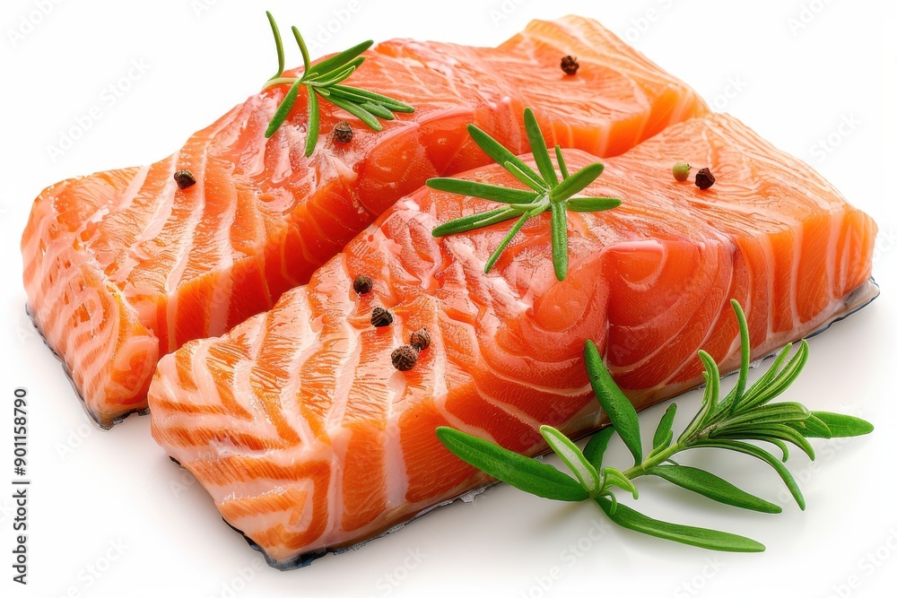 Close-up image of two fresh salmon fillets, garnished with sprigs of rosemary and peppercorns. Close-up image of two fresh salmon fillets, garnished with sprigs of rosemary and peppercorns.