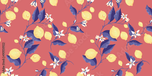 Tropical pattern with blooming yellow lemons, on branch with leaves. Vector hand drawing illustration. Abstract artistic citrus fruit printing intertwined in a  seamless colorful background.