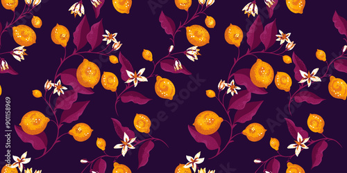 Blooming yellow lemons, on burgundy branch with leaves and buds flowers intertwined in a seamless pattern. Vector hand drawing. Abstract artistic citrus fruit repeated printing on a dark background.