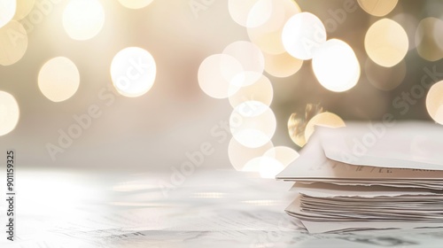 Pale flyers for academic advising rest on a desk, softly illuminated by a blurred bokeh background photo