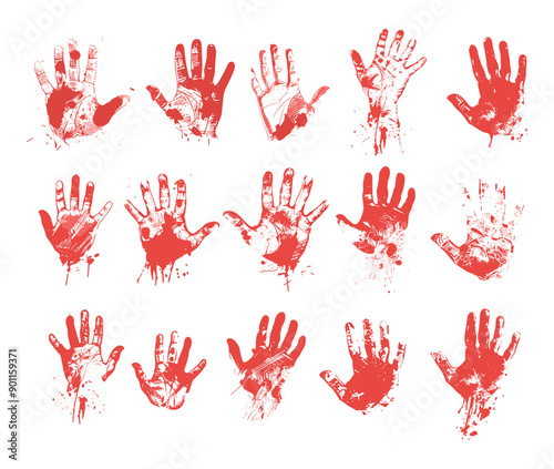 Bloody handprint ink sketch vector set. Splatter wrist red splash dot horror crime forensic spooky eerie grunge fingerprints marks evidence scary isolated illustrations