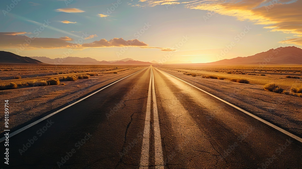 Fototapeta premium A long empty road in the middle of a desert at sunset
