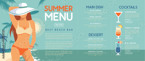 Retro flat summer cocktail menu design with beautiful girl in swimsuit on tropic beach  background. Vector illustration
