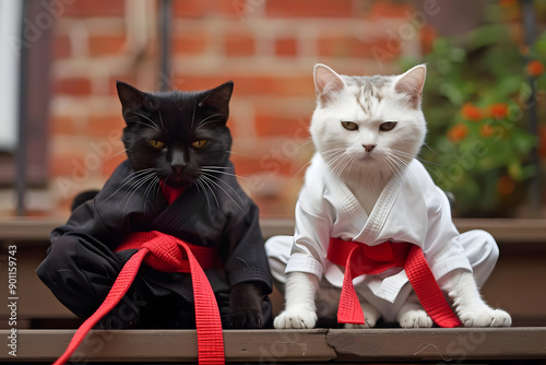 Two cats dressed in karate uniforms with red belts, sitting on a wooden surface in front of an orange brick wall. photo