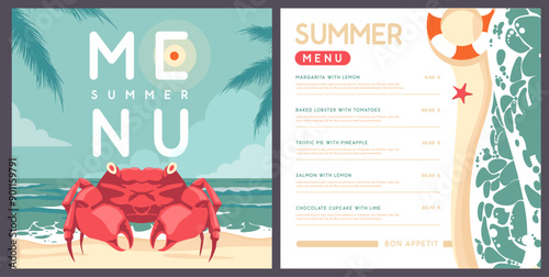 Vintage summer menu design with top view ocean waves, sand beach, crab and palm leaves. Vector illustration