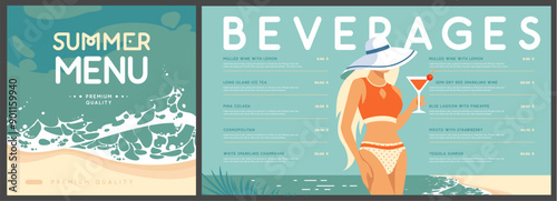 Retro flat summer cocktail menu design with beautiful girl in swimsuit on tropic beach  background. Vector illustration