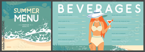 Retro flat summer cocktail menu design with beautiful girl in swimsuit on tropic beach  background. Vector illustration