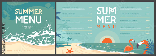 Retro summer menu design with top view ocean waves, sand, beach and flamingo. Vector illustration