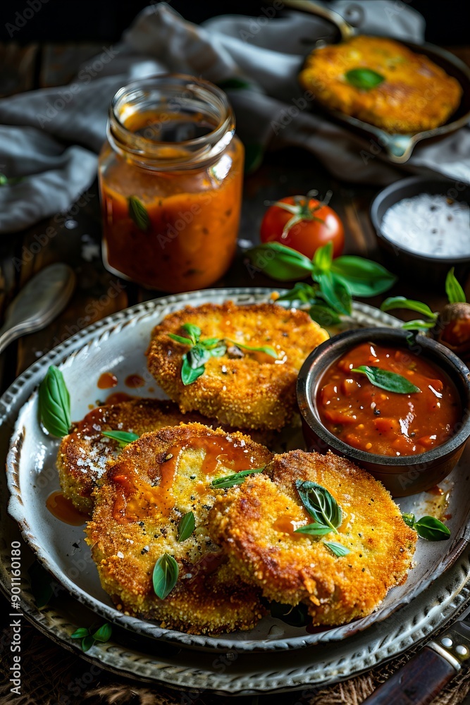 A plate of fried food on a table with a jar of sauce A plate of fried food on a table with a jar of sauce