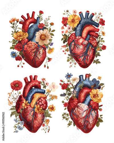 Blossom heart cartoon vector ideas. Cardiac botanic circulatory bloodstream vessel physique organ stalk bloom foliage flora human love shape emblem plant isolated artworks on white backdrop