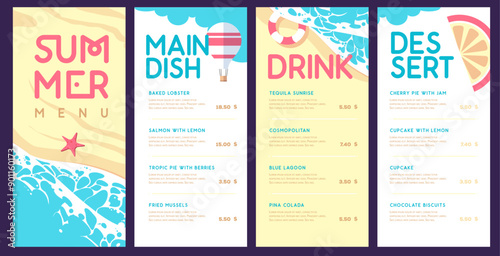 Summer menu design with top view ocean waves, sand beach and starfish. Vector illustration