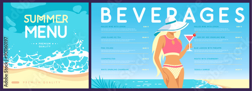 Flat summer cocktail menu design with beautiful girl in swimsuit on tropic beach  background. Vector illustration
