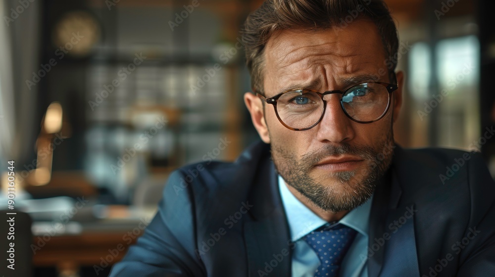A professional man with glasses in a suit, displaying a serious expression in a modern office environment. A professional man with glasses in a suit, displaying a serious expression in a modern office environment.
