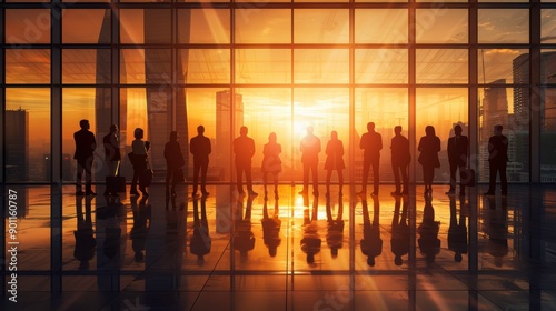 Wallpaper Mural Silhouetted figures in a modern office during sunset, showcasing teamwork and a vibrant cityscape backdrop. Torontodigital.ca
