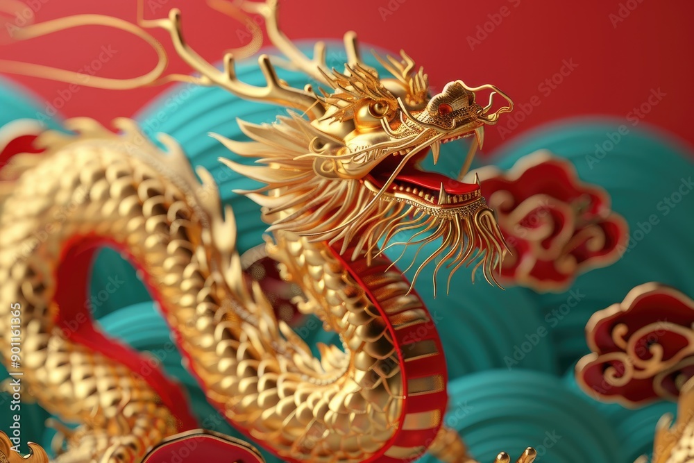 Golden Dragon with Red Accents Against a Teal and Red Background Golden Dragon with Red Accents Against a Teal and Red Background