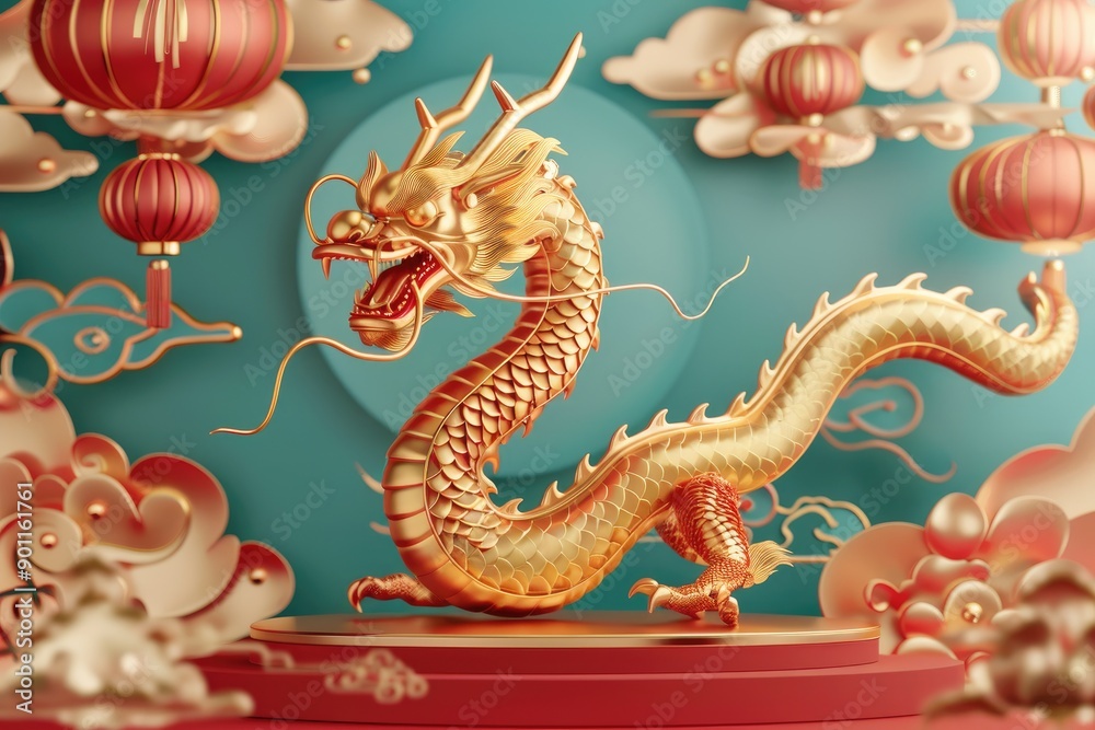 Obraz premium Golden Dragon with Red Lanterns and Clouds