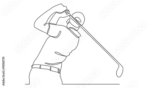 continuous line art of golf player hit the ball