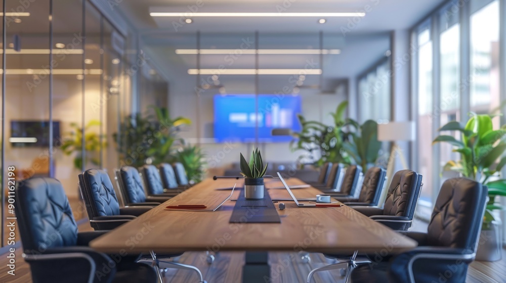 A modern conference room with a wireless presentation system and multiple devices connected for a seamless meeting experience. A modern conference room with a wireless presentation system and multiple devices connected for a seamless meeting experience.