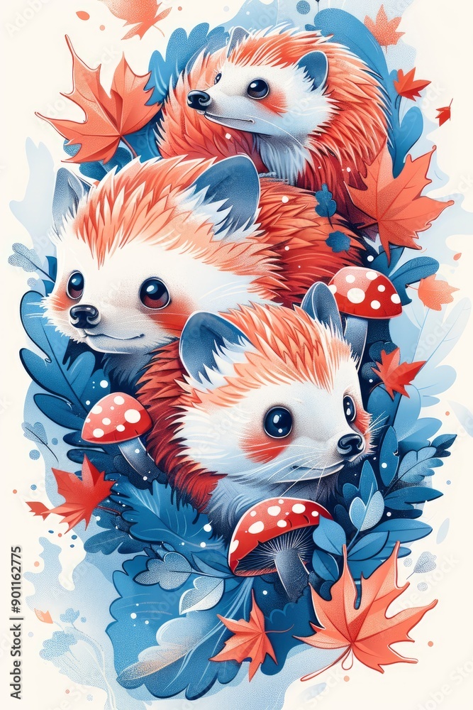 Three Adorable Hedgehogs in Autumn Foliage