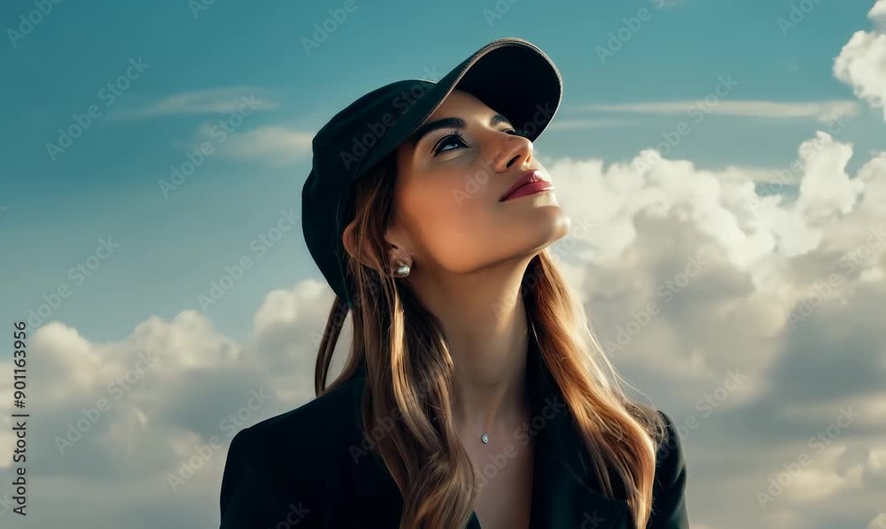 Studio portrait video of a satisfied woman in her 40s wearing a cool cap or hat against a sky and clouds background Studio portrait video of a satisfied woman in her 40s wearing a cool cap or hat against a sky and clouds background