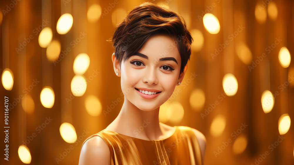 Portrait of a beautiful, sexy, smiling Asian woman with short hair, with perfect skin, golden background, banner. Portrait of a beautiful, sexy, smiling Asian woman with short hair, with perfect skin, golden background, banner.