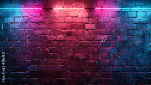 Neon lights in red and blue illuminate a brick wall, empty room interior with wooden floor, ideal for product display. photo