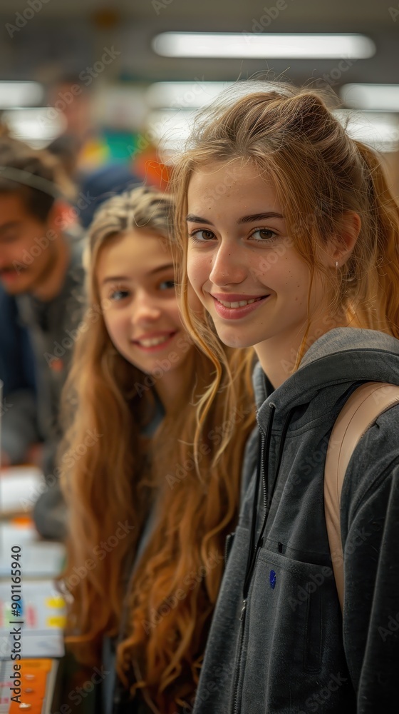 Smiling students at a school science fair Smiling students at a school science fair