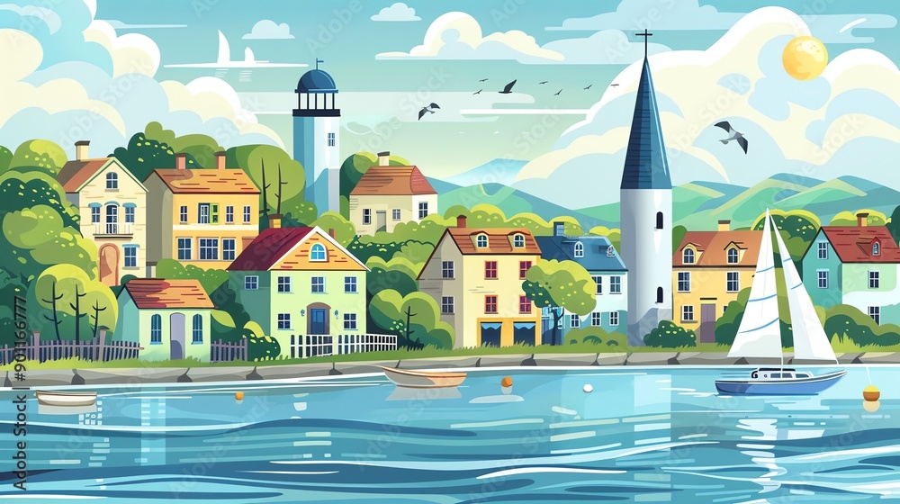 A cartoon illustration of a quaint coastal town with a lighthouse and a sailboat in the water. A cartoon illustration of a quaint coastal town with a lighthouse and a sailboat in the water.