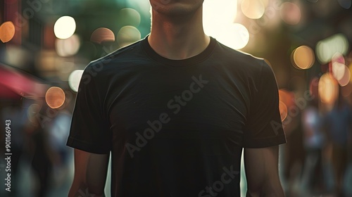 Close-Up of Man in Plain Black T-Shirt in Urban Sunset Setting