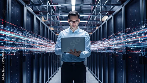 Data Center Chief Technology Officer Holding Laptop, Standing In Warehouse, Information Digitalization Lines Streaming Through Servers. SAAS, Cloud Computing, Web Service