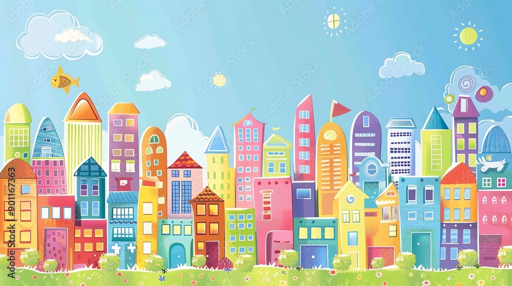 A colorful cartoon cityscape with a blue sky and white clouds. A colorful cartoon cityscape with a blue sky and white clouds.