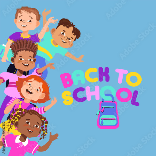 Back to school, education concept. Group of happy Kids. Multiracial funny children smiliing, waving their hands, and laughing. School children of different nationalities. Cute vector illustration.