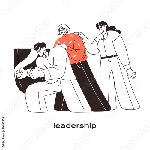 Leadership concept line art. Leader and team challenge, solve problems together. Office worker leads employees to success. Support in teamwork. Flat isolated outline vector illustration on white