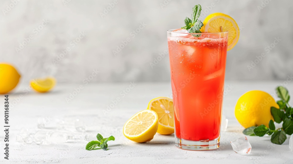 Fototapeta premium Refreshing watermelon lemonade served in a clear glass.