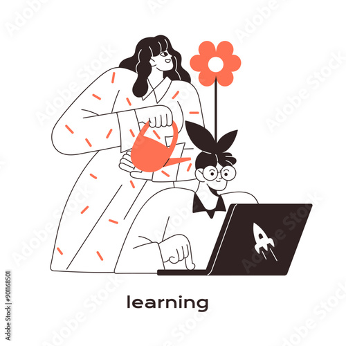 Concept of self development. Person learning remote, improves skills, gets knowledges. Clever man studies with laptop. Online education. Flat isolated outline vector illustration on white background